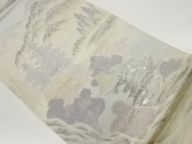 プラチナ二重錦山並みに樹木・家屋風景模様織出し袋帯